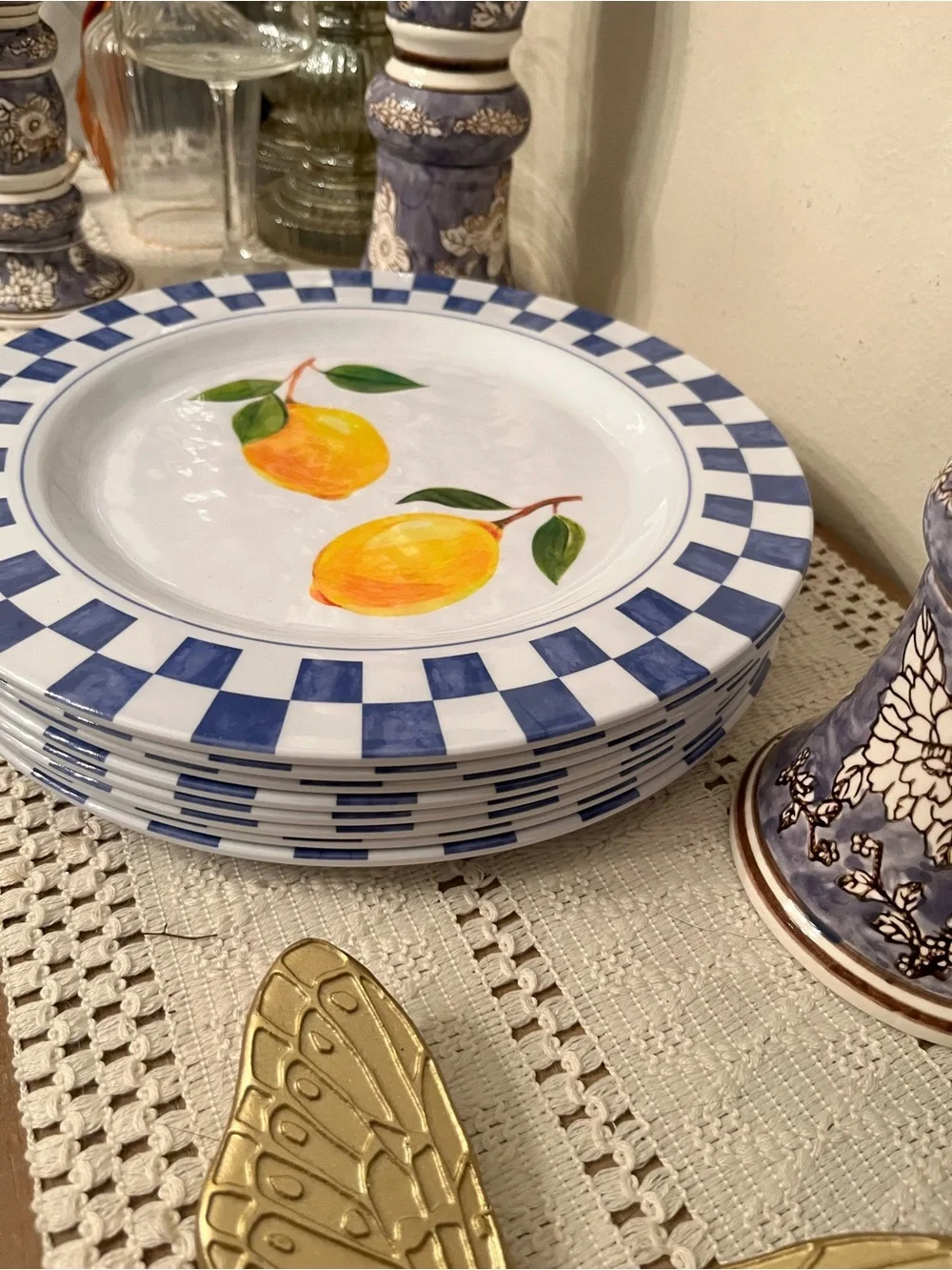 Blue Check & Lemon Melamine Dinner Plate - White/Blue/Yellow